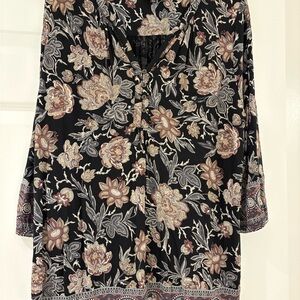 Lucky Brand Black Pink Floral Blouse V-Neck Tie Front